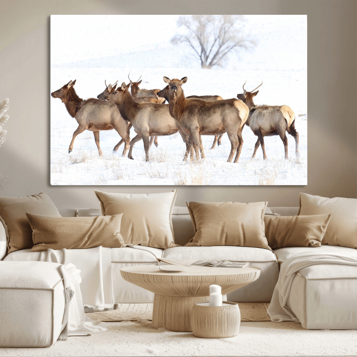 68738684-MGV-CV-36X24-Winter Elk Scene Wall Art Canvas Print, Framed Wildlife Photography Art Picture Print, Snowy Deer Decor Perfect Rustic Lodge Decor