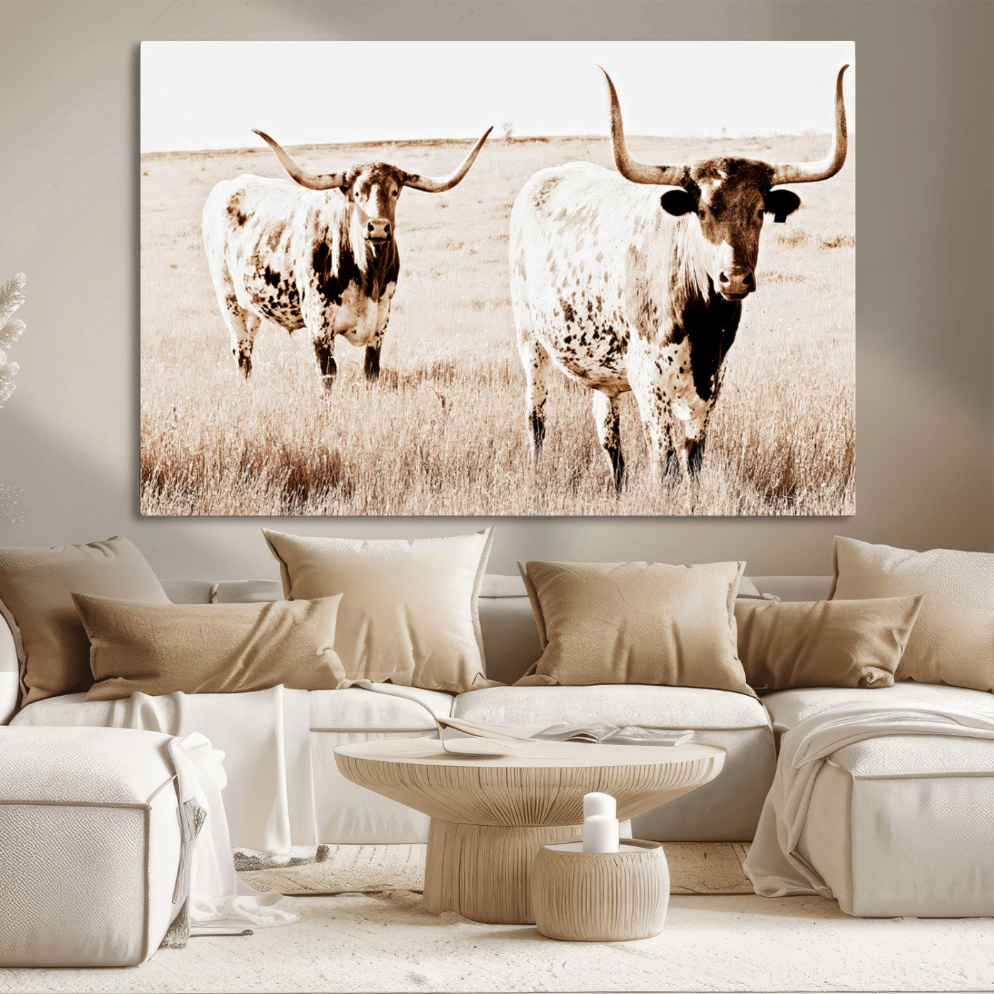 39672786-MGV-CV-36X24-Rustic Cow Scene Wall Art Canvas Print, Framed Farmhouse Style Cattle Art Picture Print, Prairie Animal Duo Perfect Rustic Western
