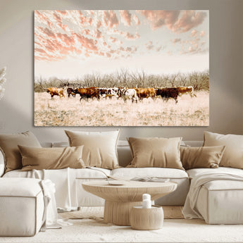 43704663-MGV-CV-36X24-Country Cow Herd Wall Art Canvas Print, Framed Farmhouse Cattle Scene Art Picture Print, Rustic Ranch Decor Perfect Rustic