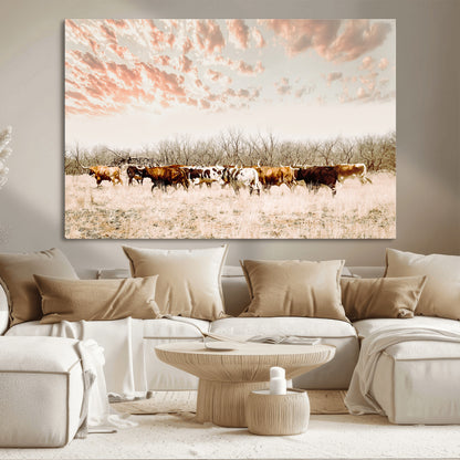 43704663-MGV-CV-36X24-Country Cow Herd Wall Art Canvas Print, Framed Farmhouse Cattle Scene Art Picture Print, Rustic Ranch Decor Perfect Rustic