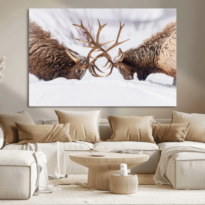 36507609-MGV-CV-36X24-Elk Clash Scene Wall Art Canvas Print, Framed Wildlife Strength Decor Art Picture Print, Snowy Forest Elk Perfect Rustic Lodge