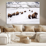 13891210-MGV-CV-36X24-Bison Herd Scene Wall Art Canvas Print, Framed Western Wildlife Decor Art Picture Print, Snowy Mountain Valley Perfect Rustic