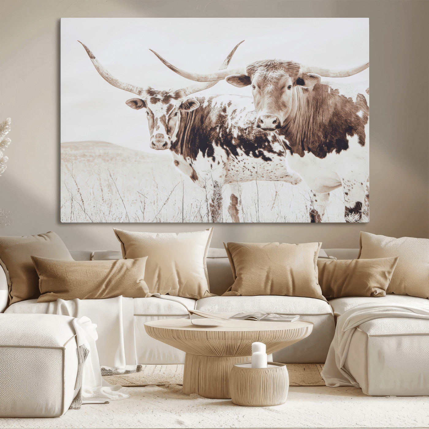 48161868-MGV-CV-36X24-Longhorn Cow Decor Wall Art Canvas Print, Framed Rustic Cattle Art Picture Print, Sepia Western Vibe Perfect Neutral Rustic