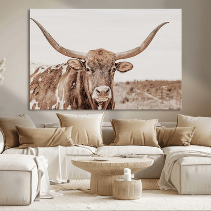 77810049-MGV-CV-36X24-Longhorn Bull Photo Wall Art Canvas Print, Framed Rustic Cow Decor Art Picture Print, Neutral Farmhouse Style Perfect Rustic