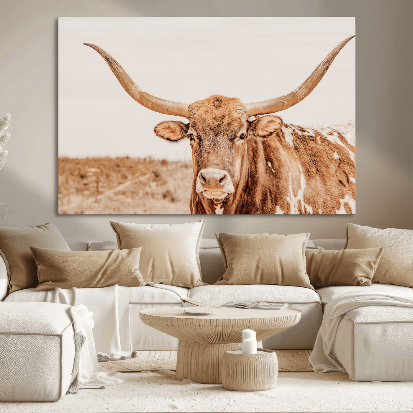 74406977-MGV-CV-36X24-Longhorn Bull Decor Wall Art Canvas Print, Framed Western Cow Theme Art Picture Print, Rustic Farmhouse Wall Perfect Neutral