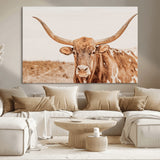 74406977-MGV-CV-36X24-Longhorn Bull Decor Wall Art Canvas Print, Framed Western Cow Theme Art Picture Print, Rustic Farmhouse Wall Perfect Neutral