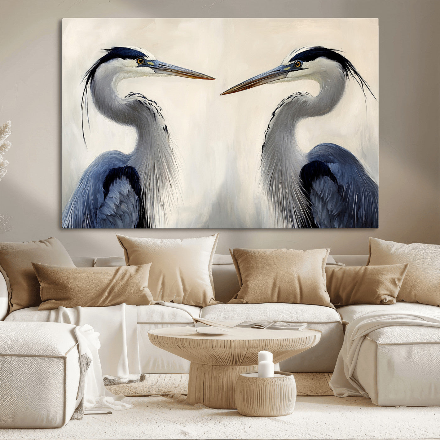 18230556-MGV-CV-36X24-Blue Heron Pair Wall Art Canvas Print, Framed Coastal Bird Theme Art Picture Print, Tranquil Wildlife Scene Perfect Coastal