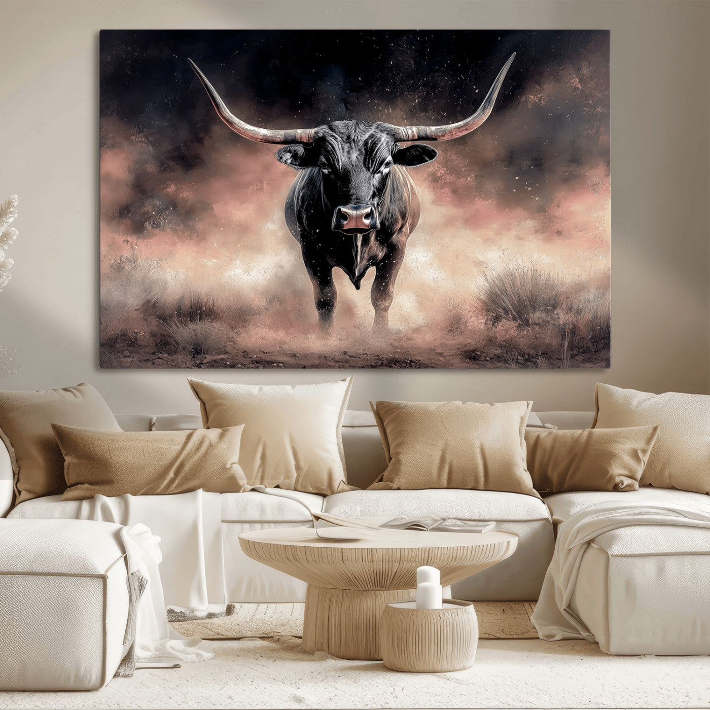 71457818-MGV-CV-36X24-Longhorn Wall Art Wall Art Canvas Print, Framed Western Bull Canvas Art Picture Print, Rustic Cow Decor Perfect Western Dramatic