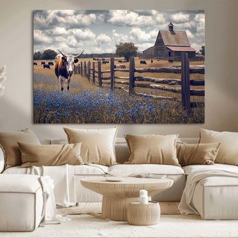 22296025-MGV-CV-36X24-Texas Longhorn Canvas Wall Art Canvas Print, Framed Rustic Barn Wall Art Art Picture Print, Farmhouse Cow Decor Perfect Rustic
