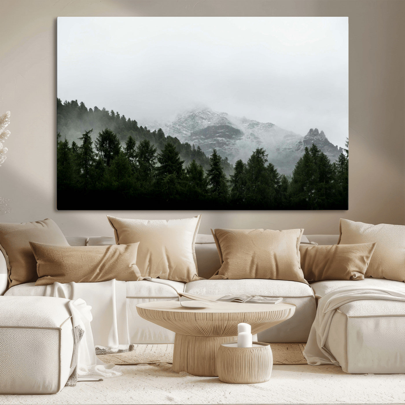 55968349-MGV-CV-36X24-Misty Mountains Wall Art Canvas Print, Framed Foggy Forest Art Picture Print, Snowy Peaks Perfect Moody Wilderness Decor Artwork