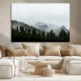 55968349-MGV-CV-36X24-Misty Mountains Wall Art Canvas Print, Framed Foggy Forest Art Picture Print, Snowy Peaks Perfect Moody Wilderness Decor Artwork