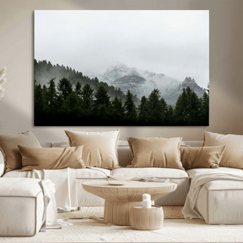 55968349-MGV-CV-36X24-Misty Mountains Wall Art Canvas Print, Framed Foggy Forest Art Picture Print, Snowy Peaks Perfect Moody Wilderness Decor Artwork