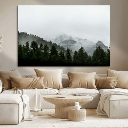 55968349-MGV-CV-36X24-Misty Mountains Wall Art Canvas Print, Framed Foggy Forest Art Picture Print, Snowy Peaks Perfect Moody Wilderness Decor Artwork
