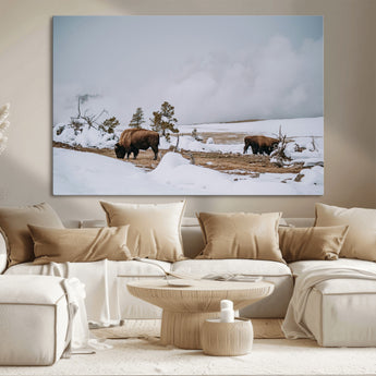 60308289-MGV-CV-36X24-Bison Wildlife Wall Art Canvas Print, Framed Snowy Prairie Art Picture Print, Western Landscape Perfect Rustic Winter Decor