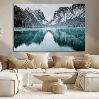 73098373-MGV-CV-36X24-Mountain Lake Wall Art Canvas Print, Framed Winter Wonderland Art Picture Print, Snowy Peaks Perfect Modern Nature Decor Artwork