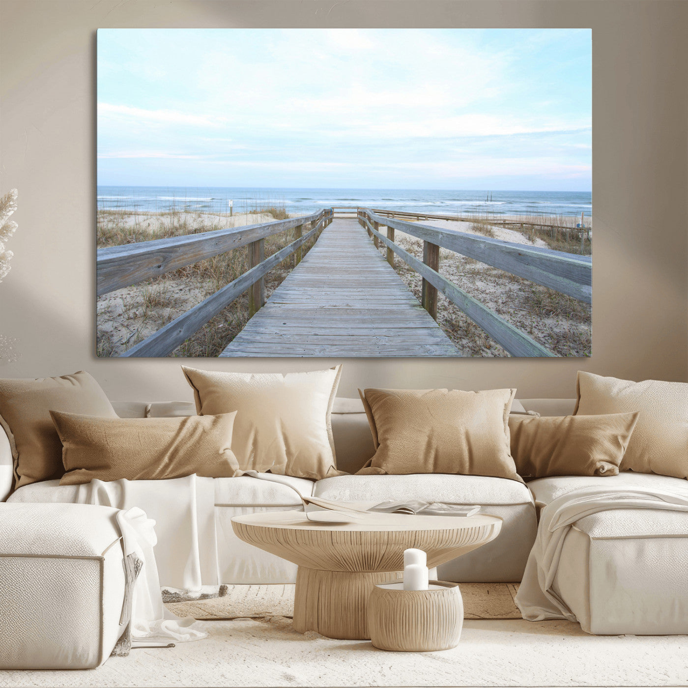 31602988-MGV-CV-36X24-Beach Boardwalk Wall Art Canvas Print, Framed Coastal Serenity Art Picture Print, Ocean View Perfect Coastal Minimalist Decor