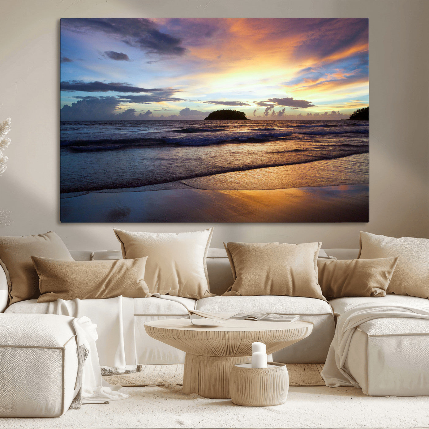 36714356-MGV-CV-36X24-Beach Sunset Wall Art Canvas Print, Framed Ocean Waves Art Picture Print, Tropical Seascape Perfect Coastal Serenity Decor Artwork