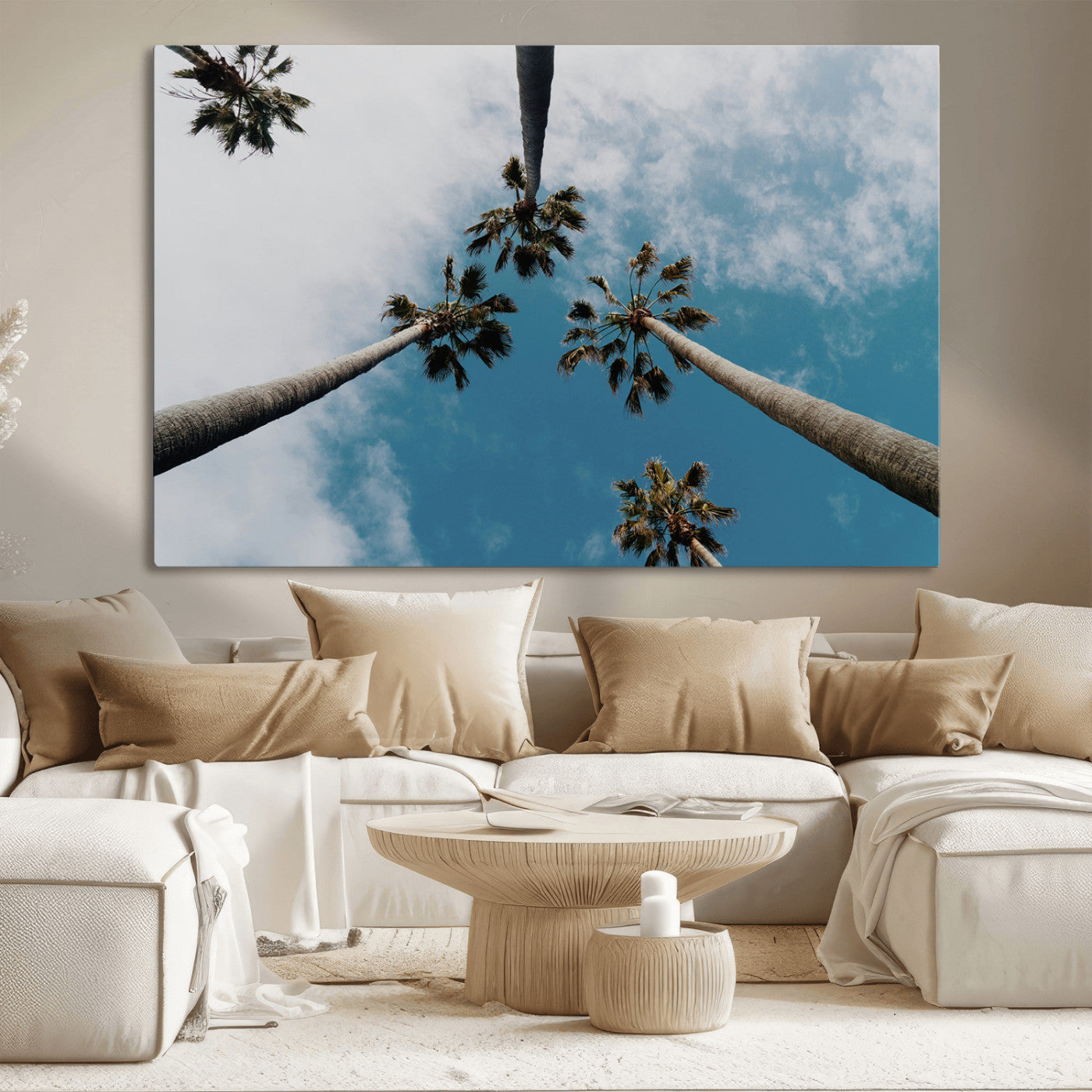 45236398-MGV-CV-36X24-Tropical Palm Trees Wall Art Canvas Print, Framed California Sky Art Picture Print, Minimalist Nature Perfect Coastal Minimalist