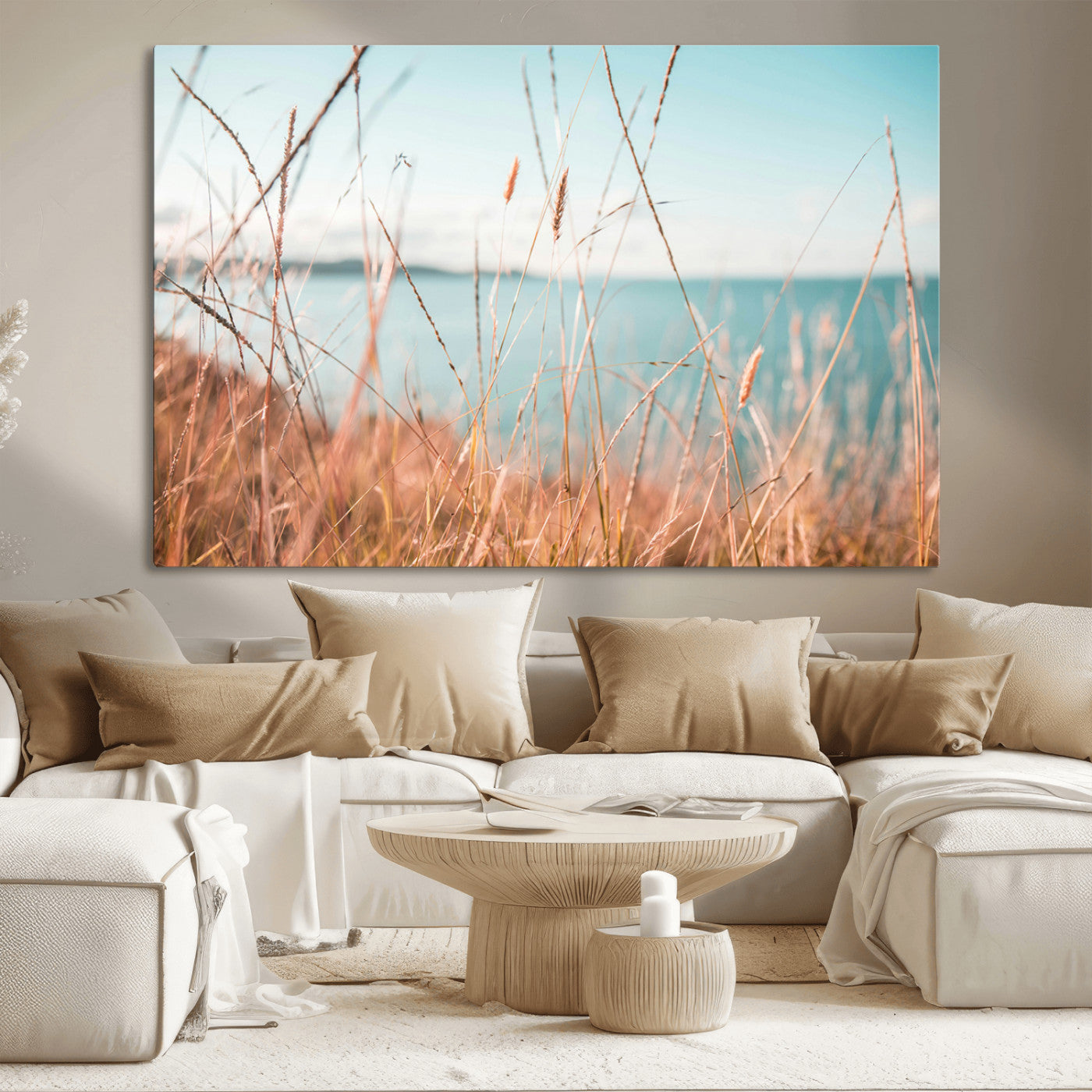 36108696-MGV-CV-36X24-Coastal Grass Wall Art – Serene Ocean View Canvas Print, Beach Nature Photography Decor for Living Room, Bedroom, Office or Modern