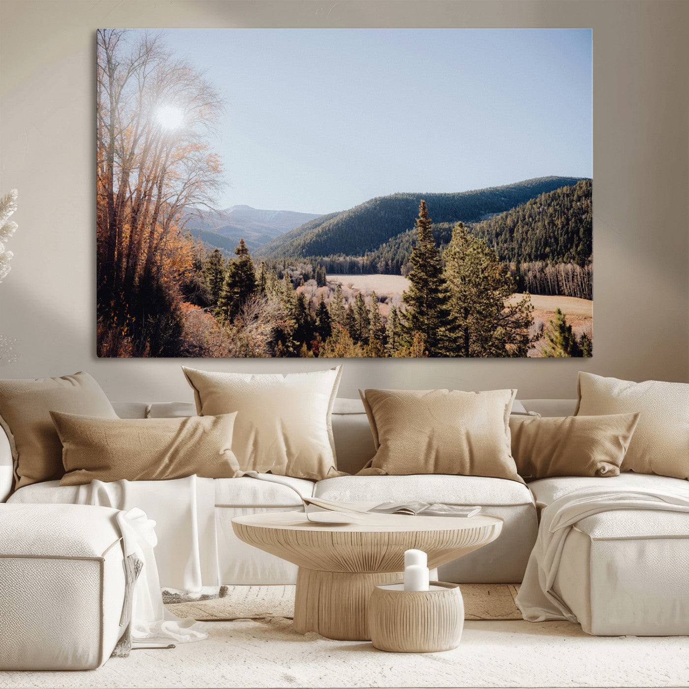 52941305-MGV-CV-36X24-Rustic Landscape Wall Art Canvas Print, Framed Serene Valley Art Picture Print, Pine Tree Horizon Perfect Rustic Cabin Decor