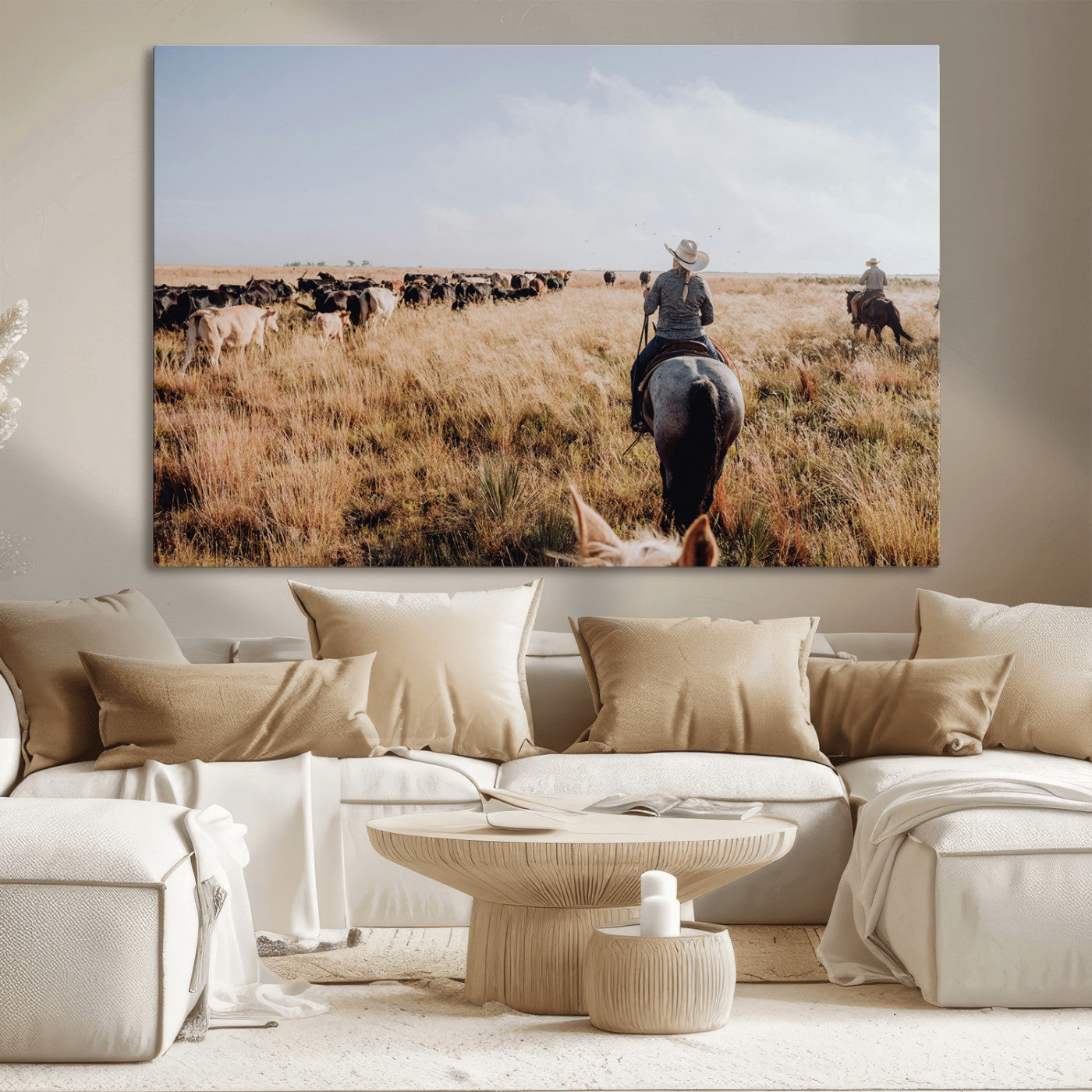 22431577-MGV-CV-36X24-Western Wall Art Wall Art Canvas Print, Framed Cowboy Canvas Art Picture Print, Cattle Drive Scene Perfect Rustic Western Decor