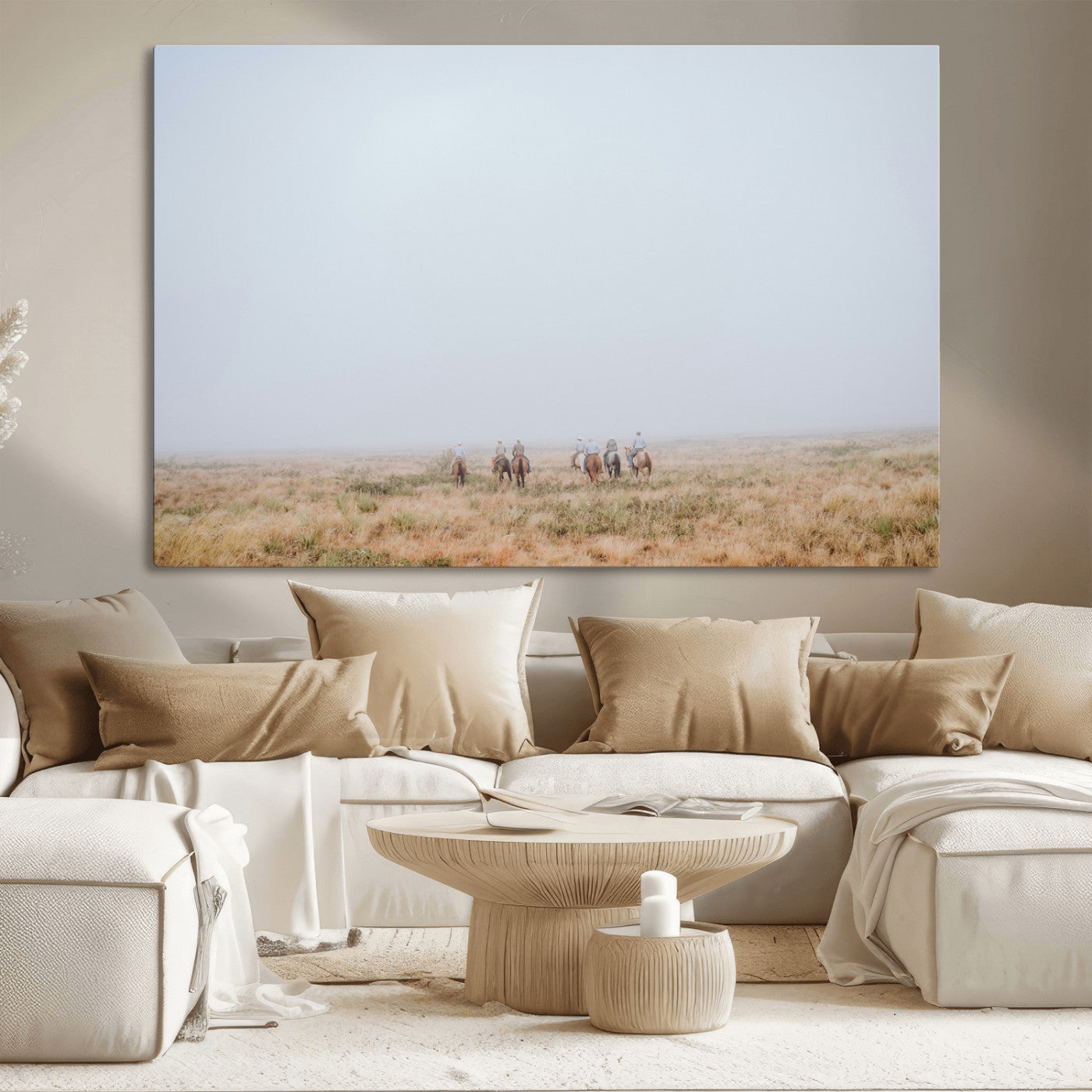 14761944-MGV-CV-36X24-Foggy Plains Wall Art Canvas Print, Framed Horseback Riders Art Picture Print, Rustic Western Perfect Rustic Western Decor Artwork