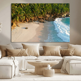 82312665-MGV-CV-36X24-Tropical Beach Wall Art Canvas Print, Framed Ocean Waves Art Picture Print, Palm Trees Perfect Coastal Minimalist Decor Artwork