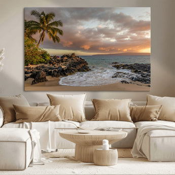 55108220-MGV-CV-36X24-Tropical Beach Wall Art Canvas Print, Framed Hawaiian Sunset Art Picture Print, Ocean Waves Perfect Coastal Tropical Decor Artwork