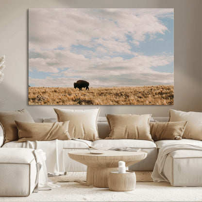 22754563-MGV-CV-36X24-Earthy Tones Wall Art Canvas Print, Framed Rustic Nature Art Picture Print, Solitary Buffalo Perfect Western Minimalist Decor