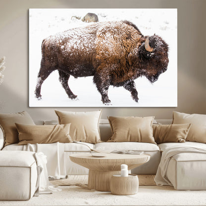 94261165-MGV-CV-36X24-Snowy Buffalo Wall Art Canvas Print, Framed Wildlife Photography Art Picture Print, Brown Tones Perfect Rustic Lodge Decor Decor