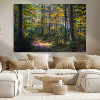 65810864-MGV-CV-36X24-Autumn Forest Wall Art Canvas Print, Framed Fall Woodland Art Picture Print, Golden Leaves Perfect Rustic Farmhouse Decor Artwork