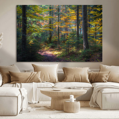 65810864-MGV-CV-36X24-Autumn Forest Wall Art Canvas Print, Framed Fall Woodland Art Picture Print, Golden Leaves Perfect Rustic Farmhouse Decor Artwork