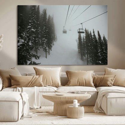 87018452-MGV-CV-36X24-Ski Lift Wall Art Canvas Print, Framed Snowy Pines Art Picture Print, Misty Landscape Perfect Winter Serenity Decor Artwork