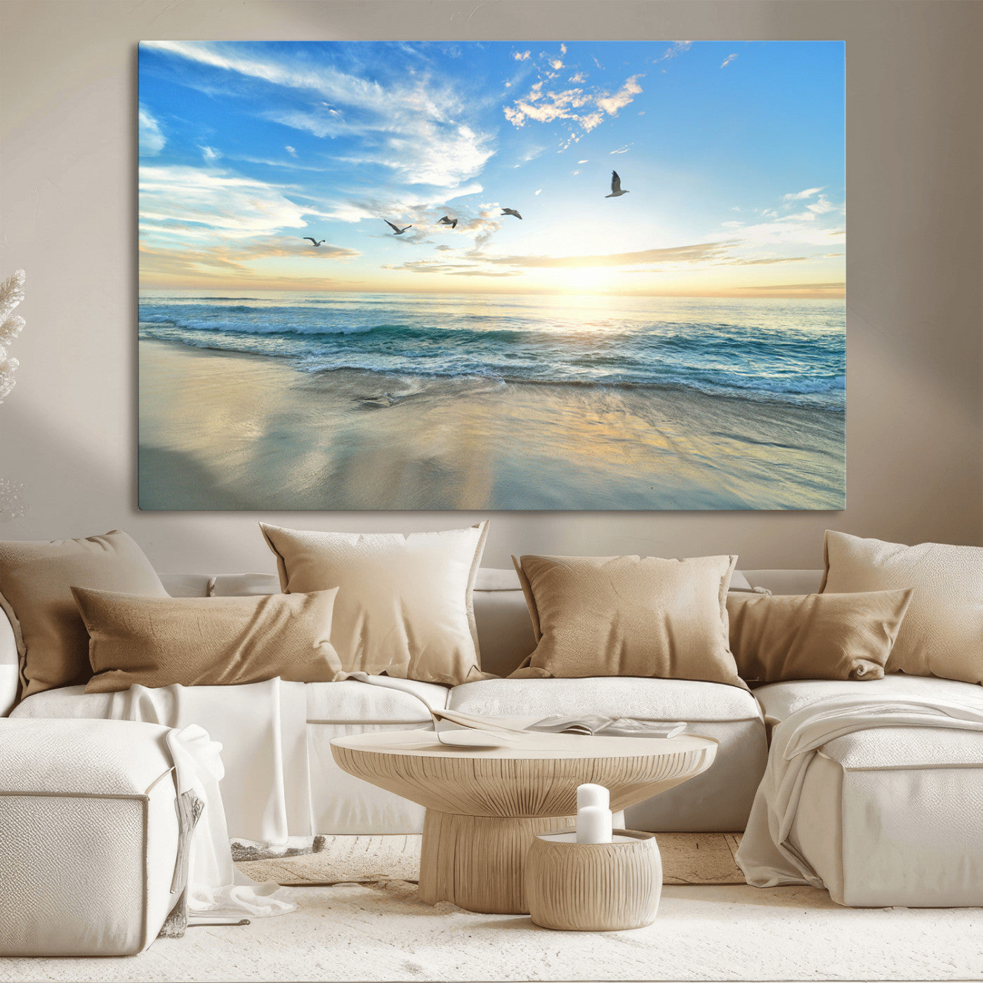 20708696-MGV-CV-36X24-Minimalist Seaside Wall Art Canvas Print, Framed Morning Glow Art Picture Print, Golden Reflections Perfect Coastal Minimalist