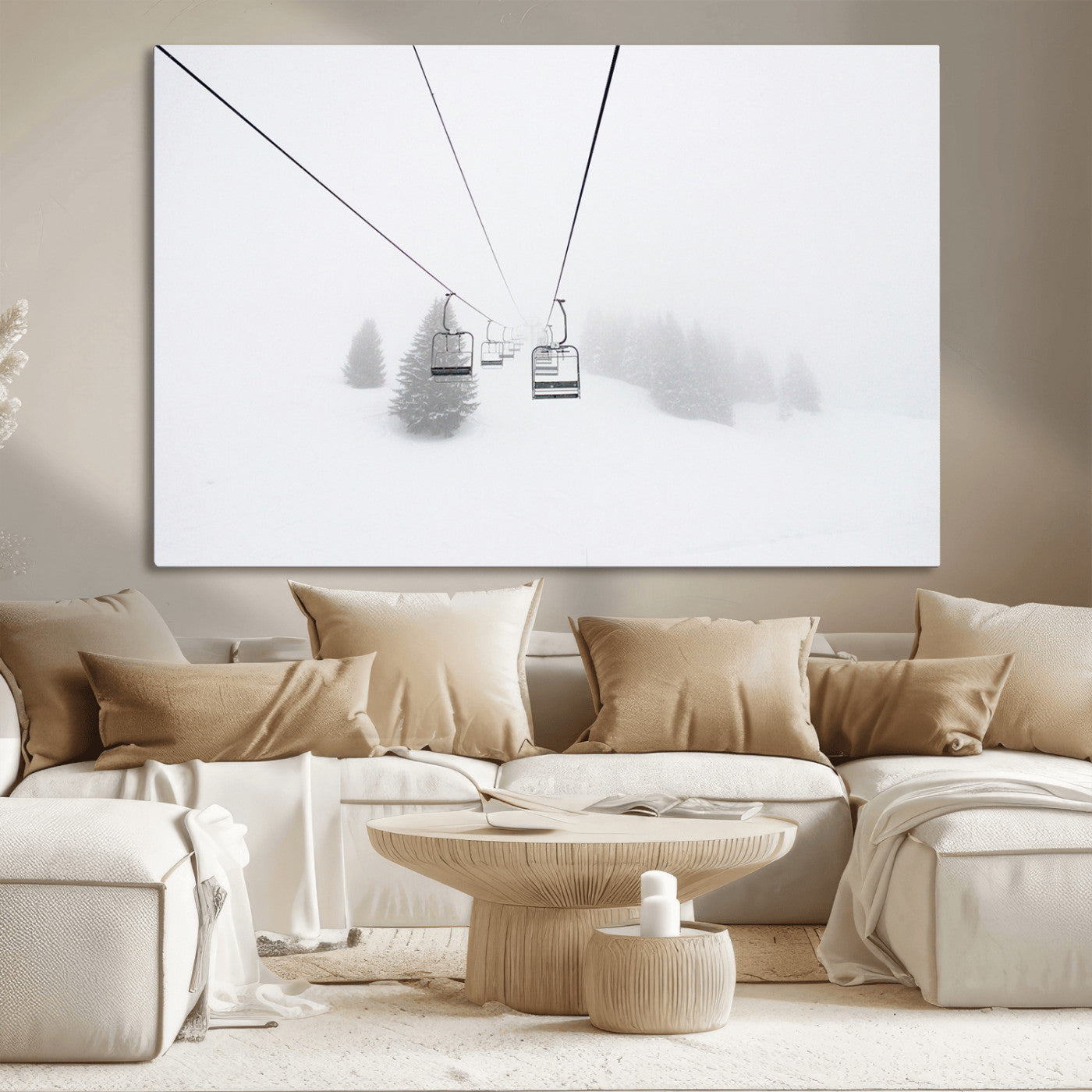 20216390-MGV-CV-36X24-Ski Lift Wall Art Canvas Print, Framed Snowy Landscape Art Picture Print, Alpine Adventure Perfect Nordic Minimalist Decor Artwork