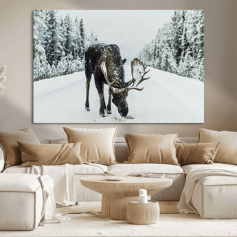 13316292-MGV-CV-36X24-Moose in Snow Wall Art Canvas Print, Framed Winter Wildlife Art Picture Print, Snowy Forest Scene Perfect Rustic Lodge Decor