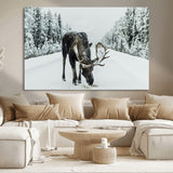 13316292-MGV-CV-36X24-Moose in Snow Wall Art Canvas Print, Framed Winter Wildlife Art Picture Print, Snowy Forest Scene Perfect Rustic Lodge Decor