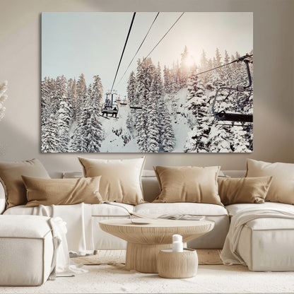 91534512-MGV-CV-36X24-Frosty Pines Wall Art Canvas Print, Framed Cozy Cabin View Art Picture Print, Ski Lift Ride Perfect Rustic Lodge Decor Artwork