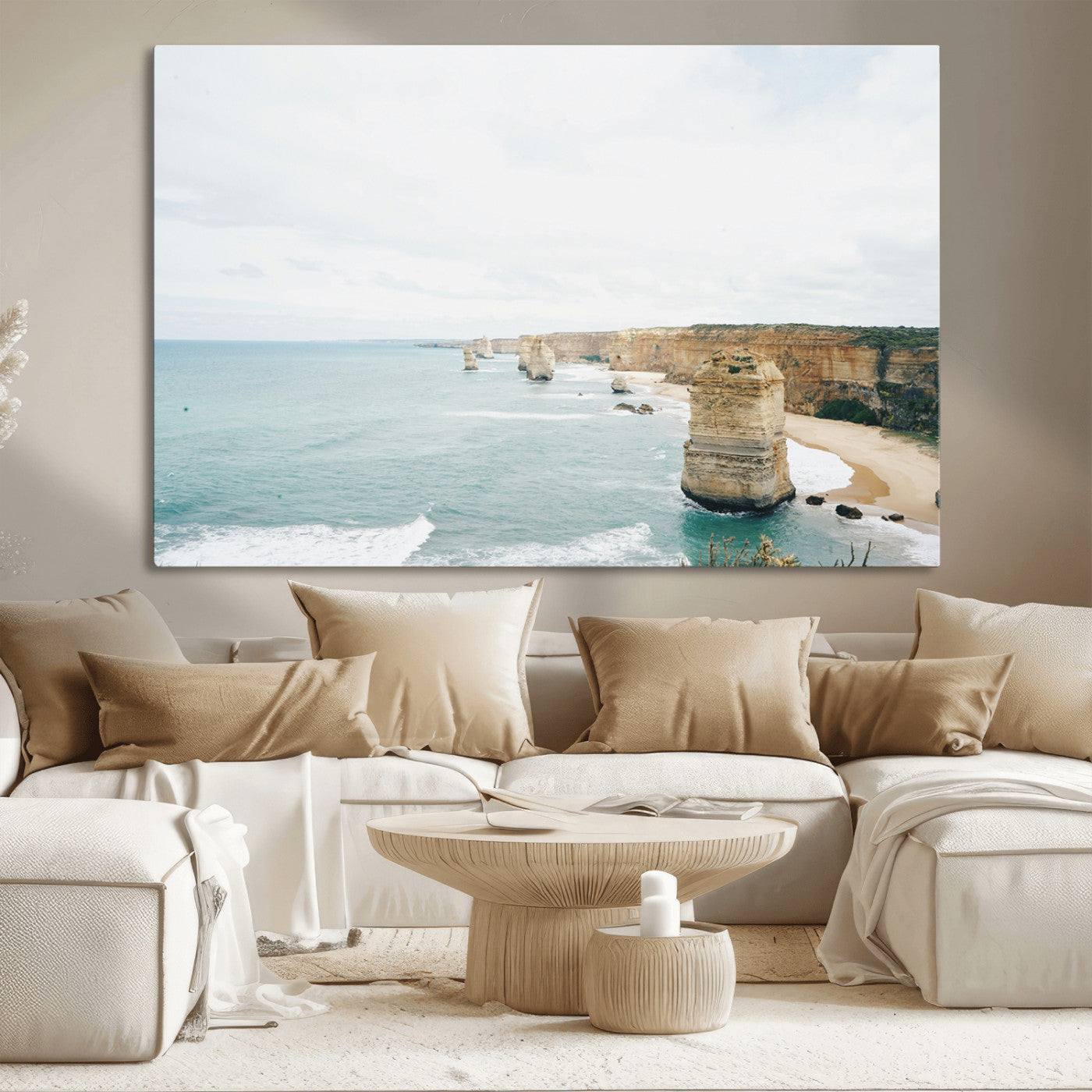 70095633-MGV-CV-36X24-Twelve Apostles Wall Art Canvas Print, Framed Coastal Cliffs Art Picture Print, Rugged Rock Formations Perfect Minimalist Coastal