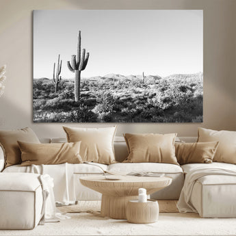 85205054-MGV-CV-36X24-Saguaro Cactus Wall Art Canvas Print, Framed Monochrome Landscape Art Picture Print, Scenic Arizona View Perfect Minimalist