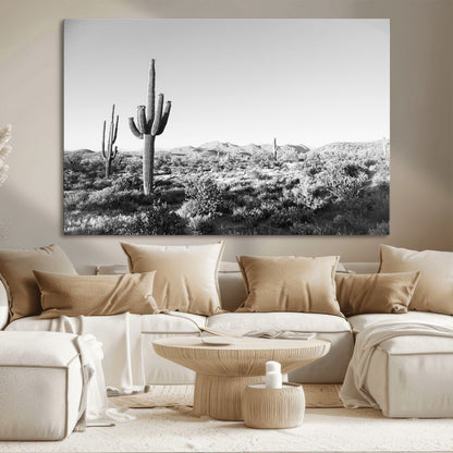 85205054-MGV-CV-36X24-Saguaro Cactus Wall Art Canvas Print, Framed Monochrome Landscape Art Picture Print, Scenic Arizona View Perfect Minimalist