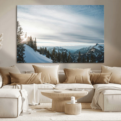 55564749-MGV-CV-36X24-Snowy Mountains Wall Art Canvas Print, Framed Alpine Landscape Art Picture Print, Frosty Peaks Perfect Nordic Minimalist Decor