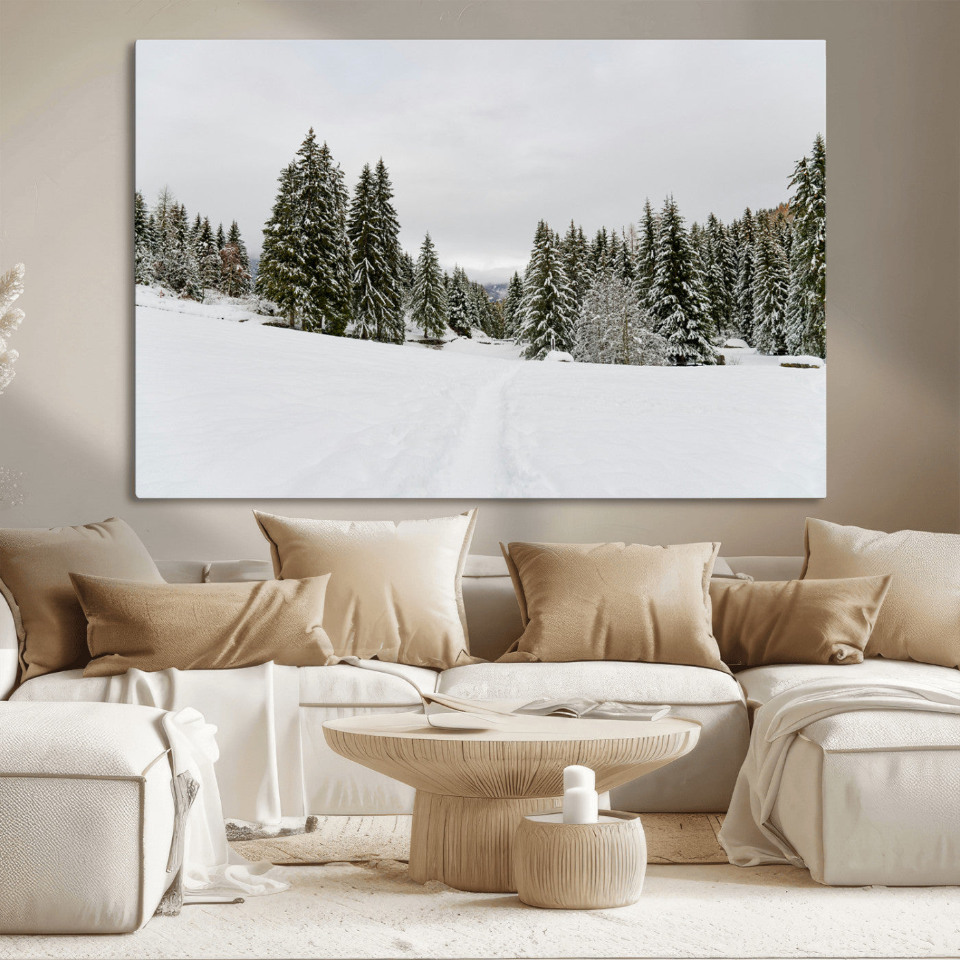 24581417-MGV-CV-36X24-Frosty Pines Wall Art Canvas Print, Framed Silent Snowfall Art Picture Print, Cozy Cabin Vibes Perfect Nordic Minimalist Decor