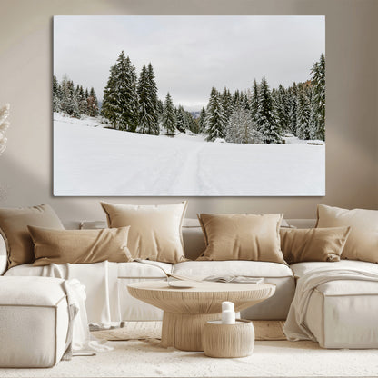 24581417-MGV-CV-36X24-Frosty Pines Wall Art Canvas Print, Framed Silent Snowfall Art Picture Print, Cozy Cabin Vibes Perfect Nordic Minimalist Decor