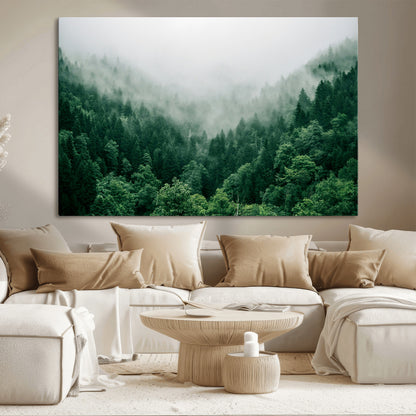 45265379-MGV-CV-36X24-Misty Forest Wall Art – Green Mountain Pine Tree Landscape Canvas Print, Nature Photography Artwork Home Decor for Bedroom, Living
