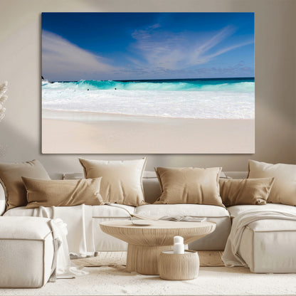 55017356-MGV-CV-36X24-Ocean Beach Wall Art – Turquoise Wave and White Sand Shoreline Canvas Print, Coastal Seascape Photography Decor for Living Room,