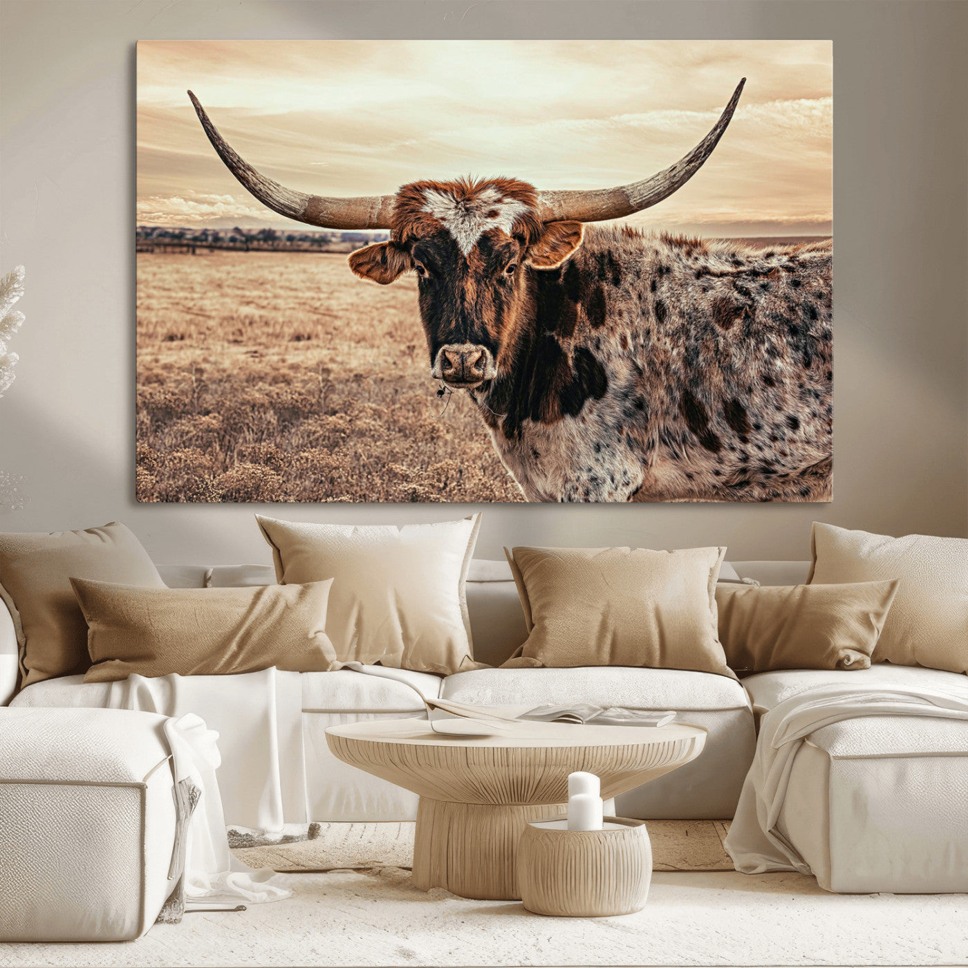 95745718-MGV-CV-36X24-Texas Longhorn Wall Art – Western Cattle Photography Canvas Print, Rustic Ranch Animal Artwork Country Farmhouse Decor for Living
