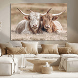 38651722-MGV-CV-36X24-Cow Wall Art – Rustic Longhorn Pair Canvas Print, Western Farmhouse Animal Painting, Country Ranch Decor for Living Room, Bedroom,