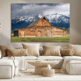 15173627-MGV-CV-36X24-Barn Wall Art – Rustic Wooden Cabin Canvas Print with Snowy Mountain Landscape, Western Farmhouse Country Decor for Living Room,