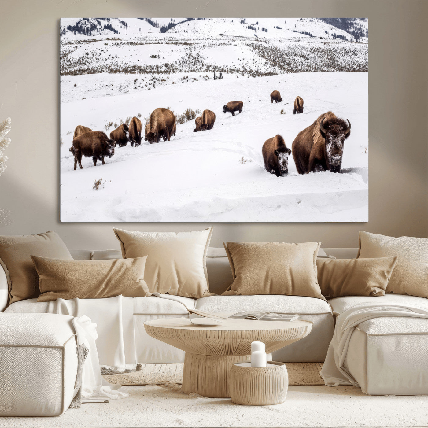 38217250-MGV-CV-36X24-Bison Herd Wall Art – Wildlife Canvas Print of Buffalo Winter Snow Scene, Rustic Western Lodge Décor, Farmhouse & Cabin Nature